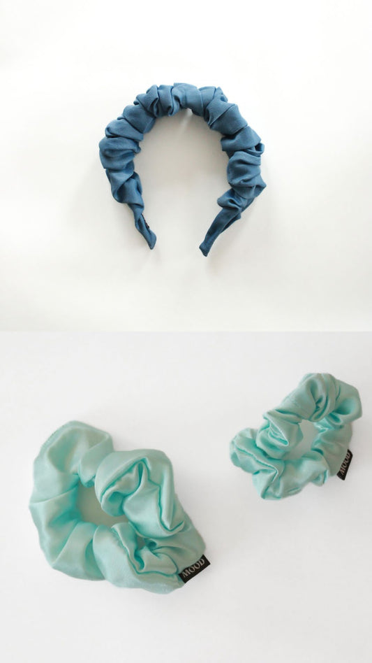 Blue Bundle Blue Satin Headband and Blue Satin Scrunchie 
