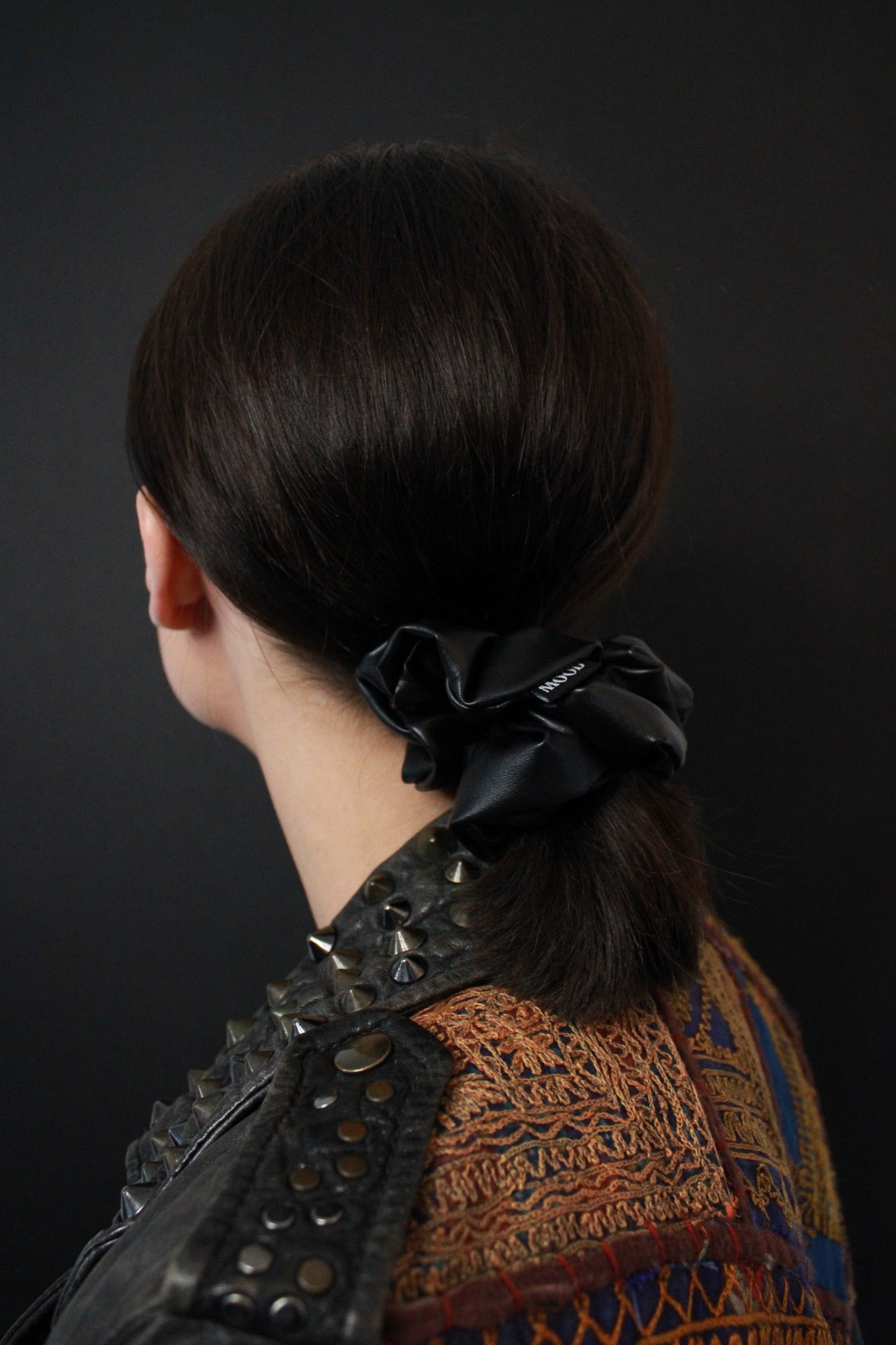 Sally Black Leather Scrunchie for Thick Hair